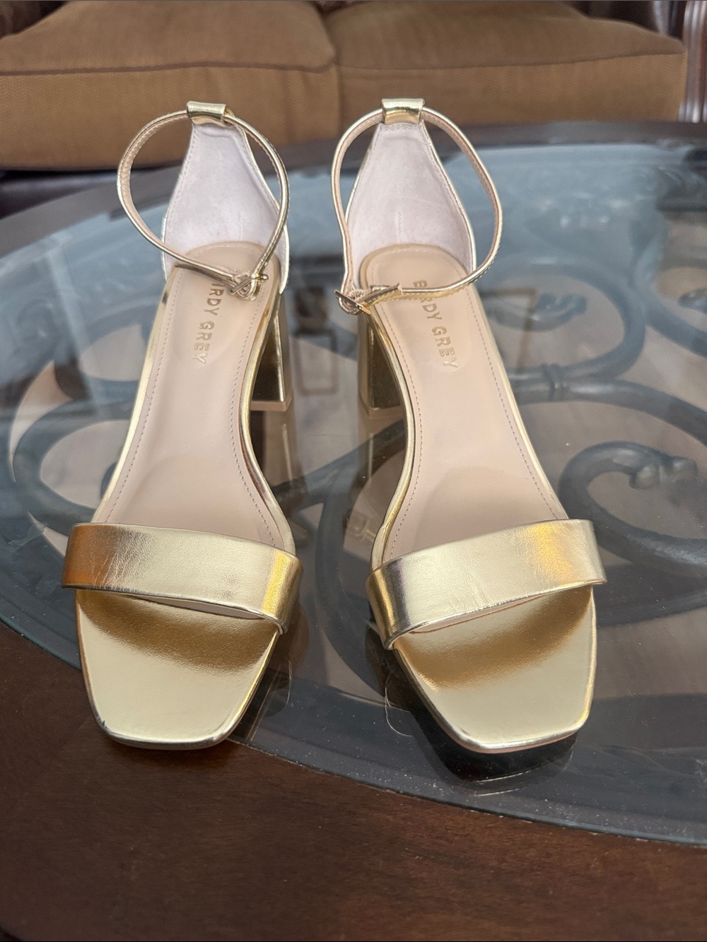 Birdy Grey Gold Block Heel Ankle-Strap Sandals